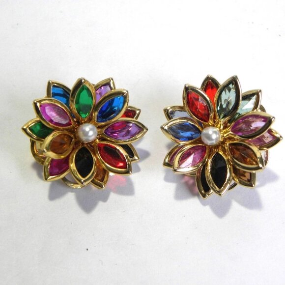 Festive Multicolor Glass Cluster Flower Earrings with Pearl Center - Picture 1 of 5